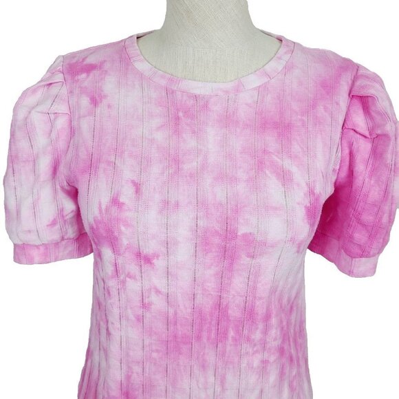 Anthropologie Top S Pink Knit Tie Dye Puff Sleeve Pullover Short Sleeve Shirt - Picture 2 of 8
